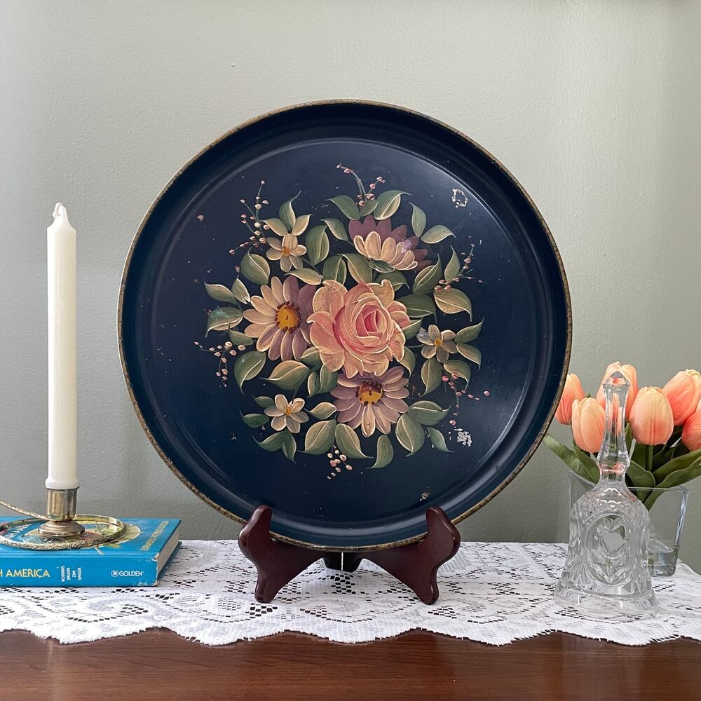 Vintage Blue Tole Metal Tray - Hand Painted Floral Rose Bouquet Gold Trim 14"